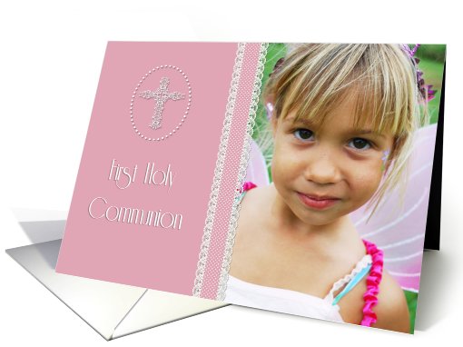 First Holy Communion, White Cross, Pink Photo Card Invitation card