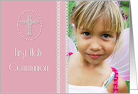 First Holy Communion, White Cross, Pink Photo Card Invitation card