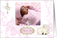 Religious Lamb, Cross, Butterfly Pink Floral Thank You Photo Card