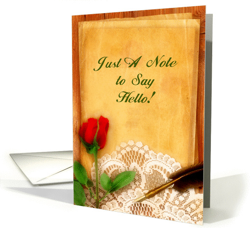 Vintage Lace, Red Rose, Parchment, Hi, Hello, Blank Note card (918351)