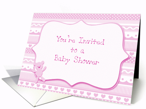 Pink Hearts, Teddy Bear, Baby Shower Invitation card (921478)