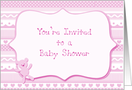 Pink Hearts, Teddy Bear, Baby Shower Invitation card