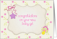 Pink Flowers, Star, Baby Girl, Congratulations card