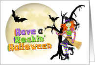 Rockin’ Halloween Witch, Full Moon, Bats card