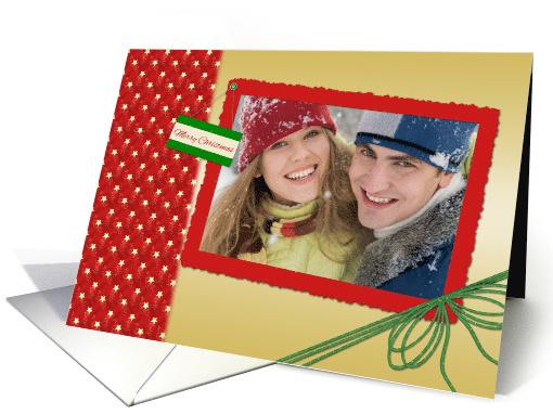 Red, Gold Stars, Green Bow, Holiday Photo card (985181)