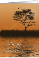 Happy Birthday, Orange sunset with Tree by Lake card