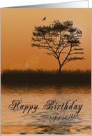 Happy Birthday Friend, Orange sunset with Tree by Lake card