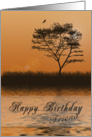 Happy Birthday Friend, Orange sunset with Tree by Lake card