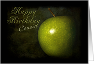 Happy Birthday Cousin, Green Apple on Black Background card