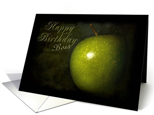 Happy Birthday Boss, Green Apple on Black Background card (626645)