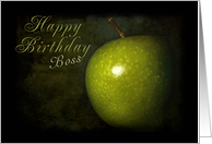 Happy Birthday Boss, Green Apple on Black Background card