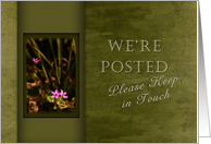 We’re Posted - Please Keep in Touch, Pink Flowers with Green Background card