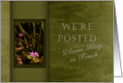 We’re Posted - Please Keep in Touch, Pink Flowers with Green Background card
