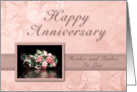 Happy Anniversary Mother and Father In Law, Pink Bouquet on Black and Pink Background card