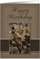 Happy Birthday Boss, Sepia Flower on Tan and Brown card