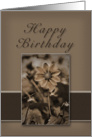Happy Birthday Sepia Flower on Tan and Brown Background card