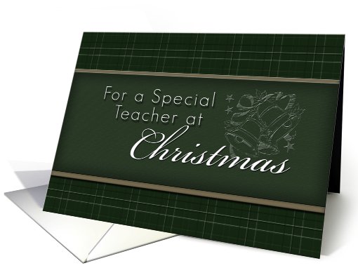 For Teacher at Christmas, Green Background with Bells card (639638)