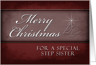 For Step Sister Merry Christmas, Red Background with Christmas Tree card