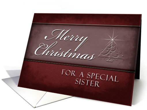 For Sister Merry Christmas, Red Background with Christmas Tree card