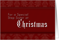 For Step Sister Merry Christmas, Red Demask Background card