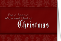 For Mom and Dad Merry Christmas, Red Demask Background card