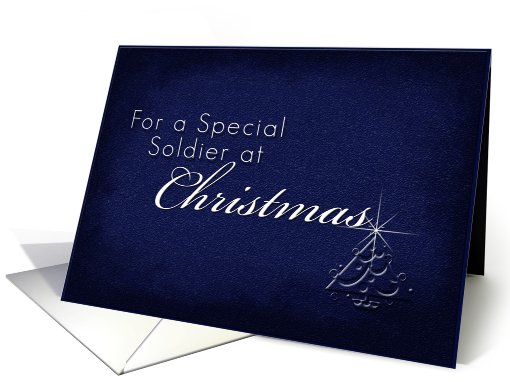 Soldier Merry Christmas, Blue Background with Christmas Tree card