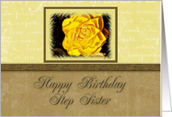 Step Sister Happy Birthday, Yellow Flower with Yellow and Tan Background card