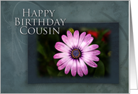 Cousin Happy Birthday, Pink Flower with Blue and Green Background card