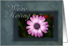 We`re Moving Pink Flower on Green and Blue Background card