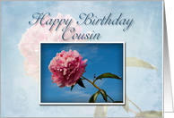 Cousin Happy Birthday, Pink Flower with Blue Sky card