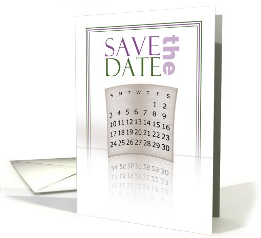 Save the Date Wedding Invitation, Tan Pink and Green, Calendar card