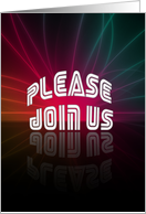 Please Join Us, Invitation, Blue, Green and Red Swirls on Black Background card