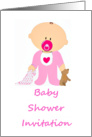 Baby Shower Invitation with baby girl and pacifier holding teddy bear card