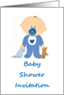 Baby Shower Invitation baby boy with pacifier holding teddy bear card