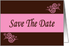 Save The Date love hearts pink and chocolate brown scrolls romantic spring colors card