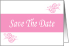 Save The Date love hearts pink and white scrolls romantic spring colors card