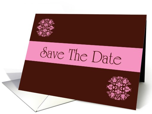 Save The Date pink and chocolate brown romantic spring colors card