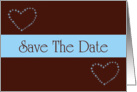 Save The Date love hearts blue and chocolate brown romantic spring colors card