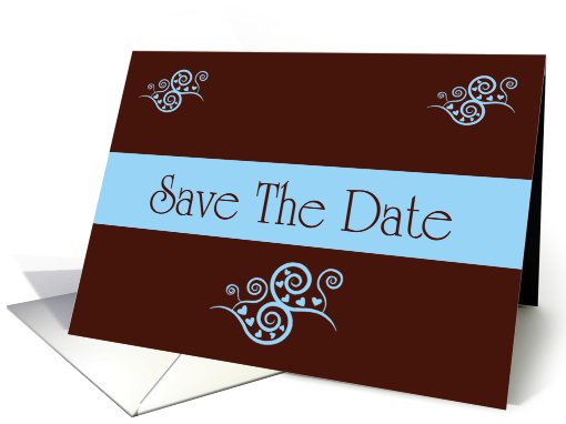 Save The Date blue and chocolate brown romantic spring colors card