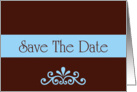 Save The Date scroll blue and chocolate brown romantic spring colors card