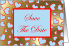 Save The Date with blue love hearts gold background card