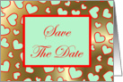 Save The Date with aqua green lime love hearts gold background card