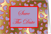 Save The Date with purple mauve love hearts gold background card