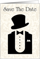 Save The Date with tuxedo suit and top hat card