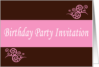 Birthday Party Invitation with pink flowers scrolls card