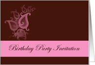 Birthday Party Invitation with pink flowers scrolls card