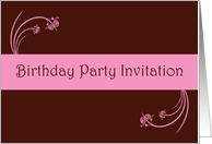 Birthday Party Invitation with pink flowers scrolls card