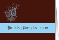 Birthday Party Invitation with blue flowers scrolls card