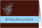 Birthday Party Invitation with blue flowers scrolls card