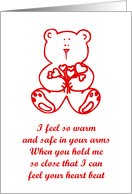 Happy Valentine’s Day with teddy bear holding love heart bouquet card